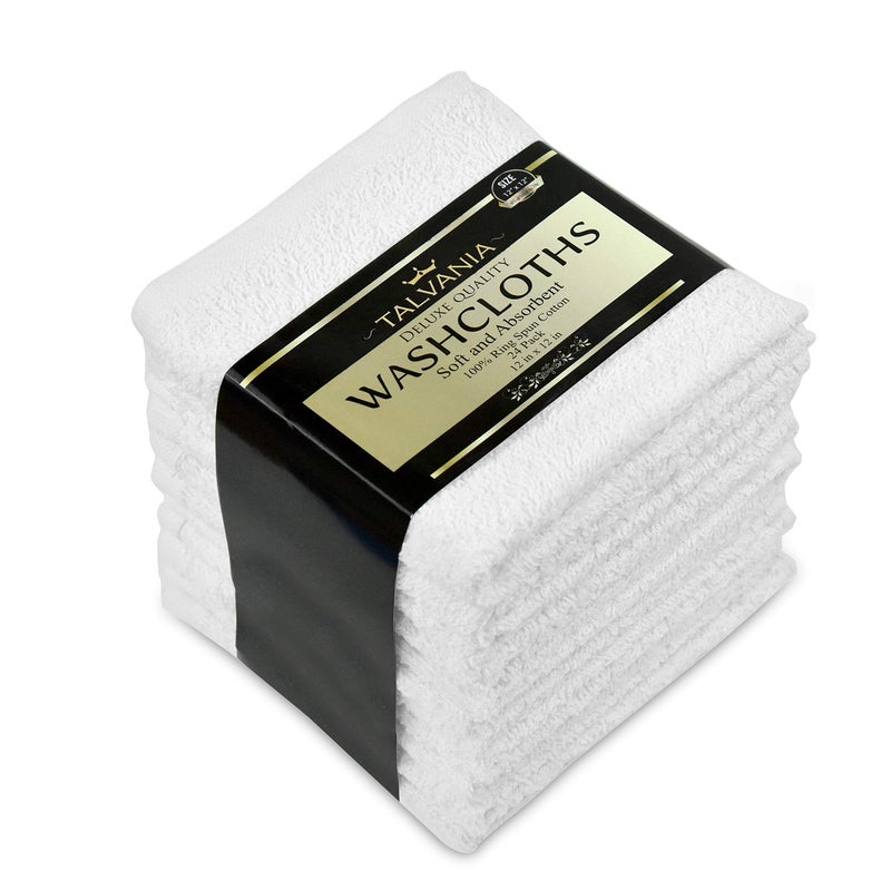 TALVANIA White Cotton Washcloths - Pack of 24 - Super Absorbent Bathroom Face Towels - 12" x12â€ Terry Bath Wash Cloth Set - Spa Home Cleaning Towel Multi-Purpose - 100% Ring Spun Cotton - Image 2